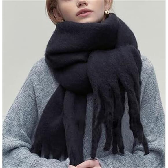 Women Cashmere Feel Scarf, Soft Warm Black - Picture 1 of 6